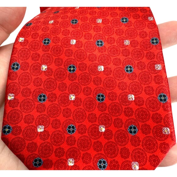 DolcePunta Men’s Silk Tie Red Circle Medallion Floral Italy Made 59x 3.5” Preppy - Picture 7 of 16